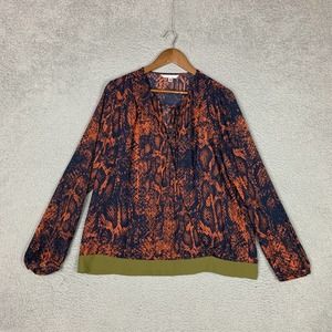 Cabi Blouse Womens Large Long Sleeve Snake Print Faux Wrap Green Accent Hem